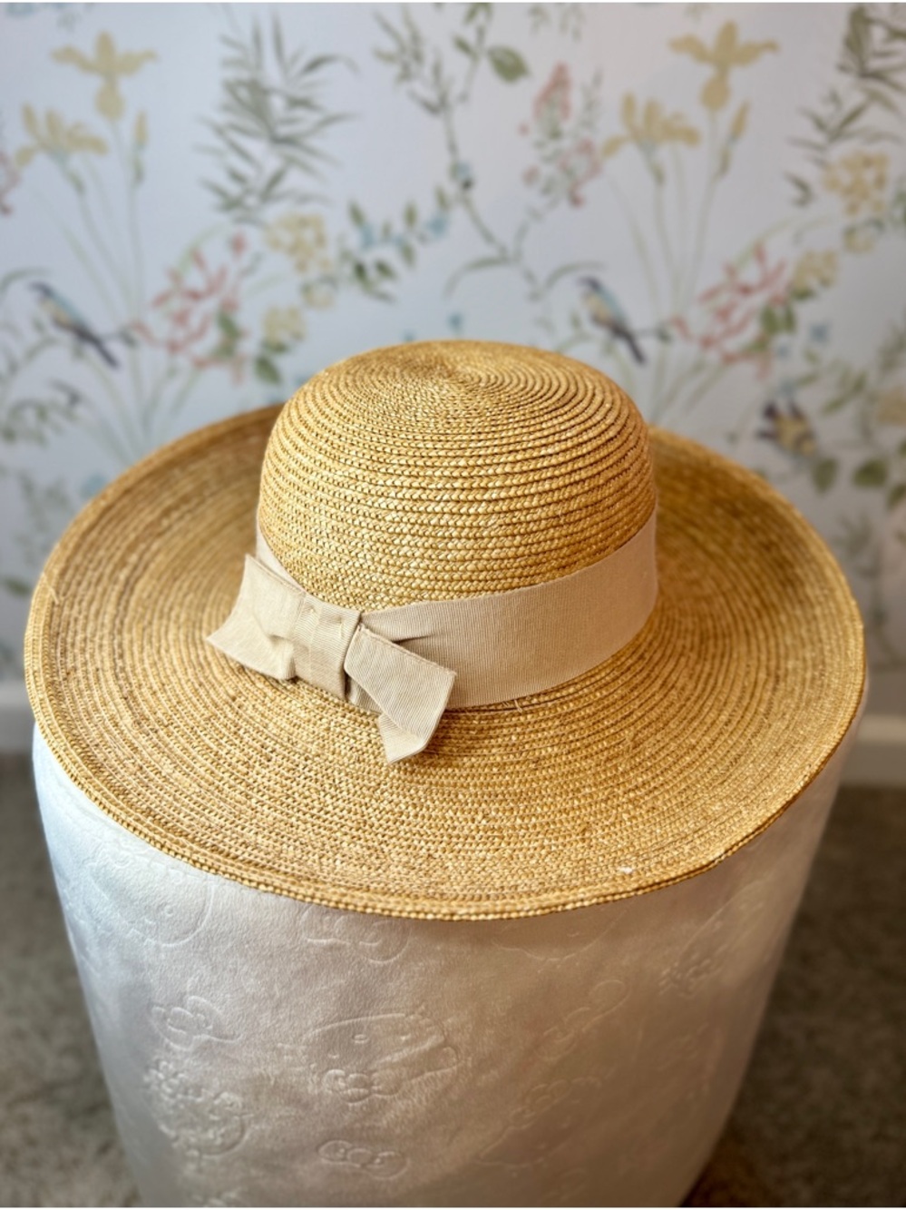 Nordstrom 100% Natural Straw Hat with Cream Ribbon Bow Made in Italy